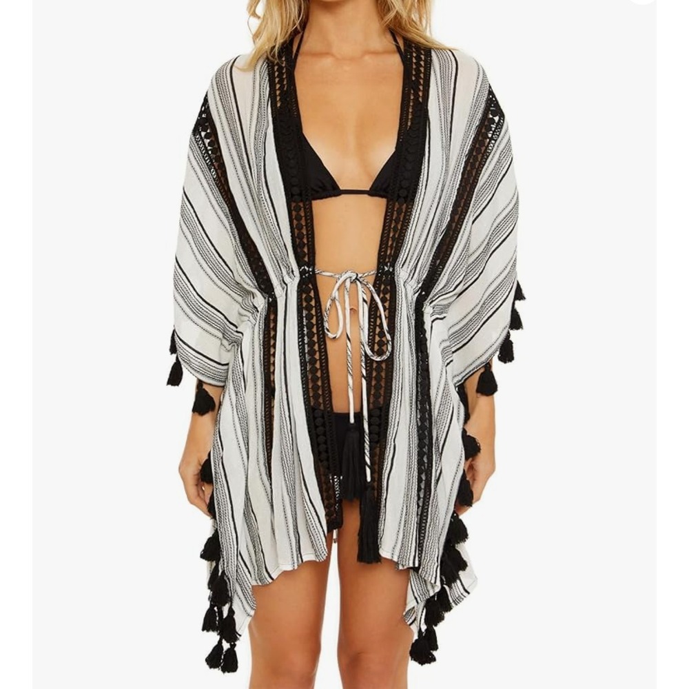 Soluna Monte Carlo Crochet Trim Kimono Swim Cover Up L Boho Beach Resort NWT